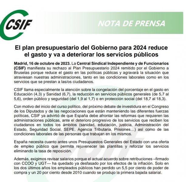 CSIF | El plan presupuestario del Gobierno para 2024 reduce el gasto y ...