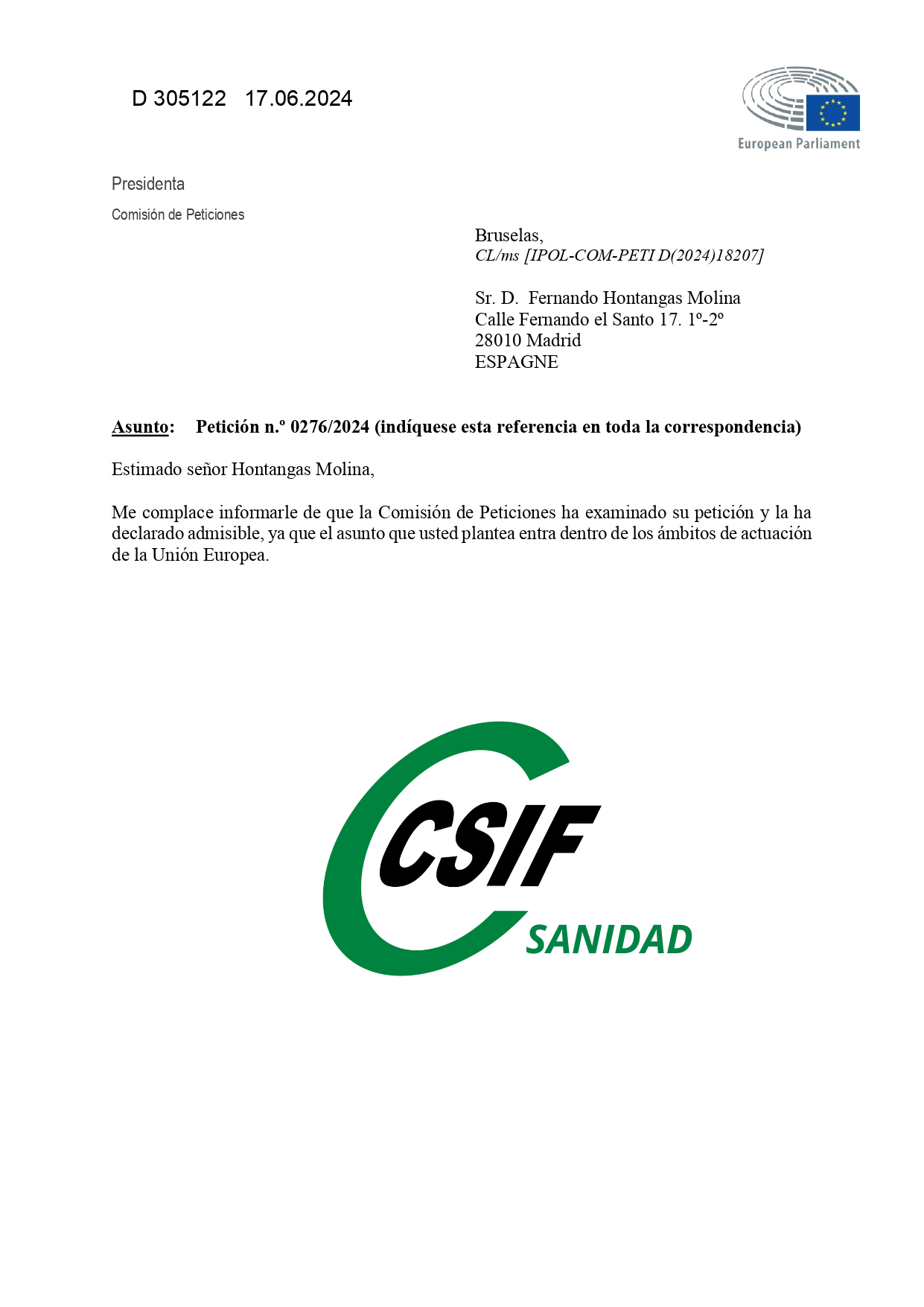 Contestación comisión peticiones UE