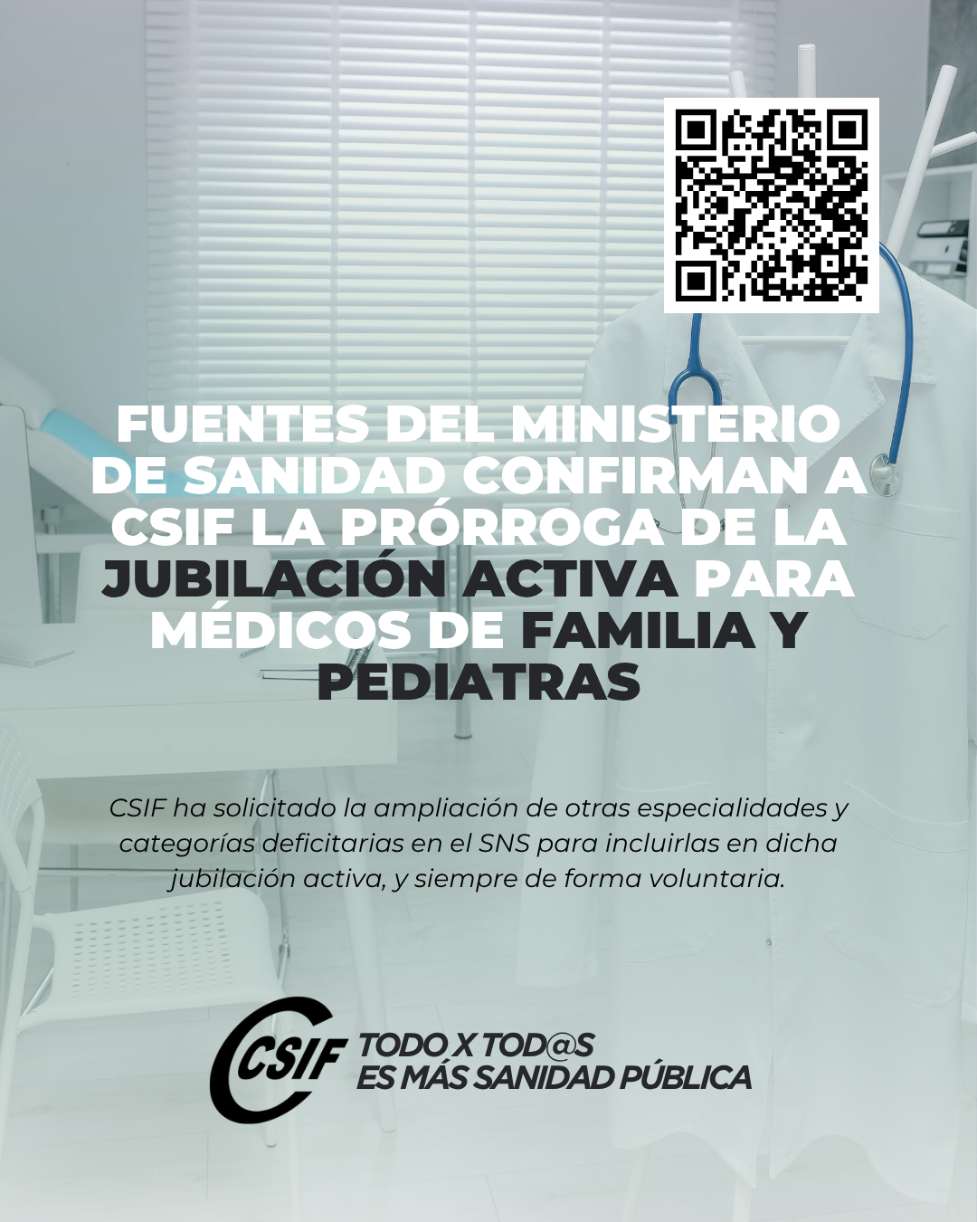 Fuentes del Ministerio de Sanidad confirman a CSIF la prórroga de la jubilación activa para Médicos de familia y Pediatras POST