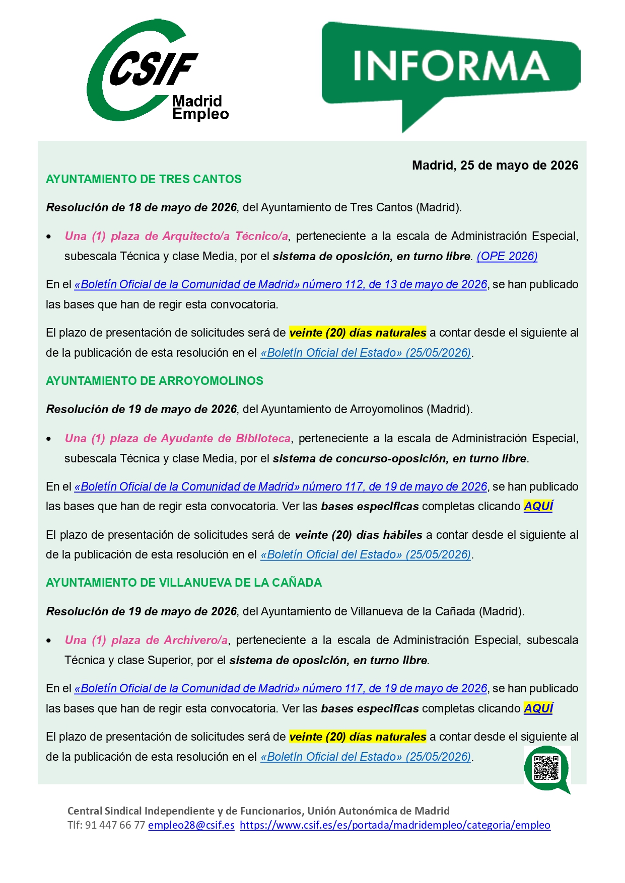 Convocatorias de procesos selectivos en varias categorías profesionales, en varios Ayuntamientos de la Comunidad de Madrid