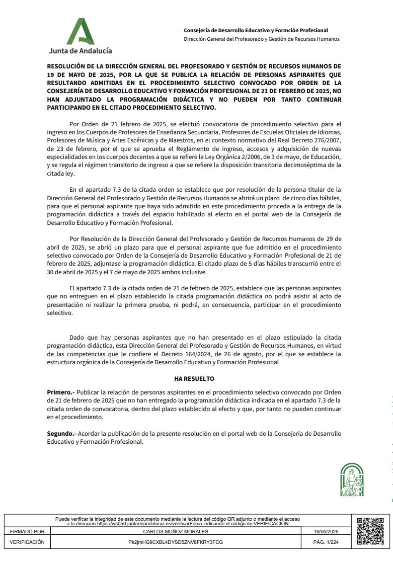 Listado oficial de aspirantes excluidos por no adjuntar la programación didáctica - Junta de Andalucía