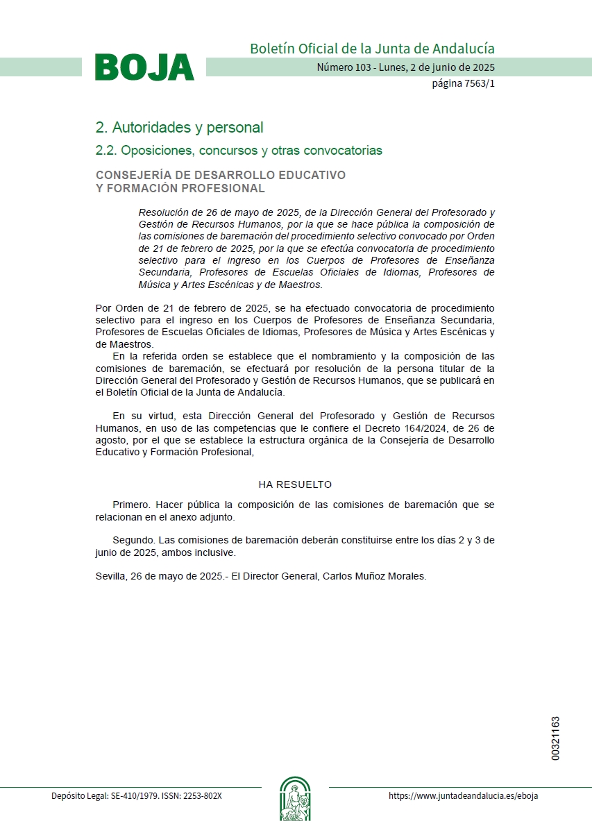 Captura de la Resolución publicada en el BOJA sobre las comisiones de baremación