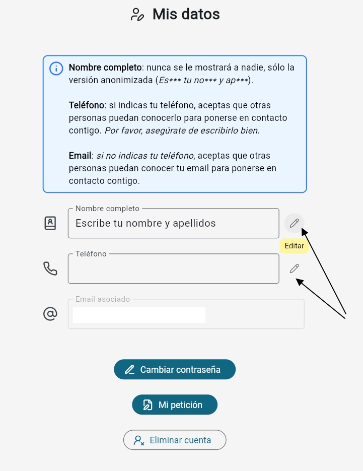 Pantalla de edición de datos de usuario en la app de permutas