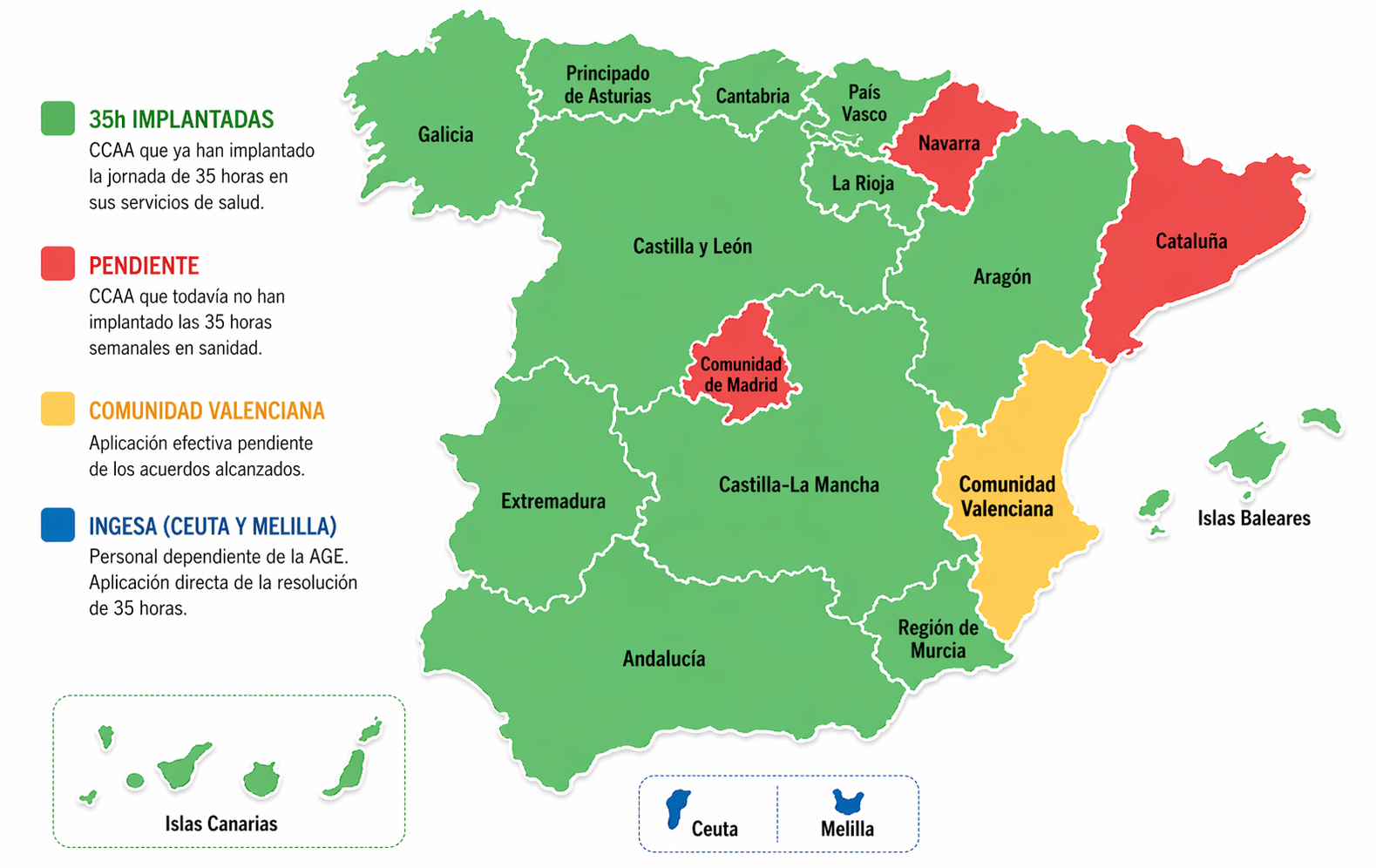 Mapa de situación de las 35 horas por comunidades autónomas