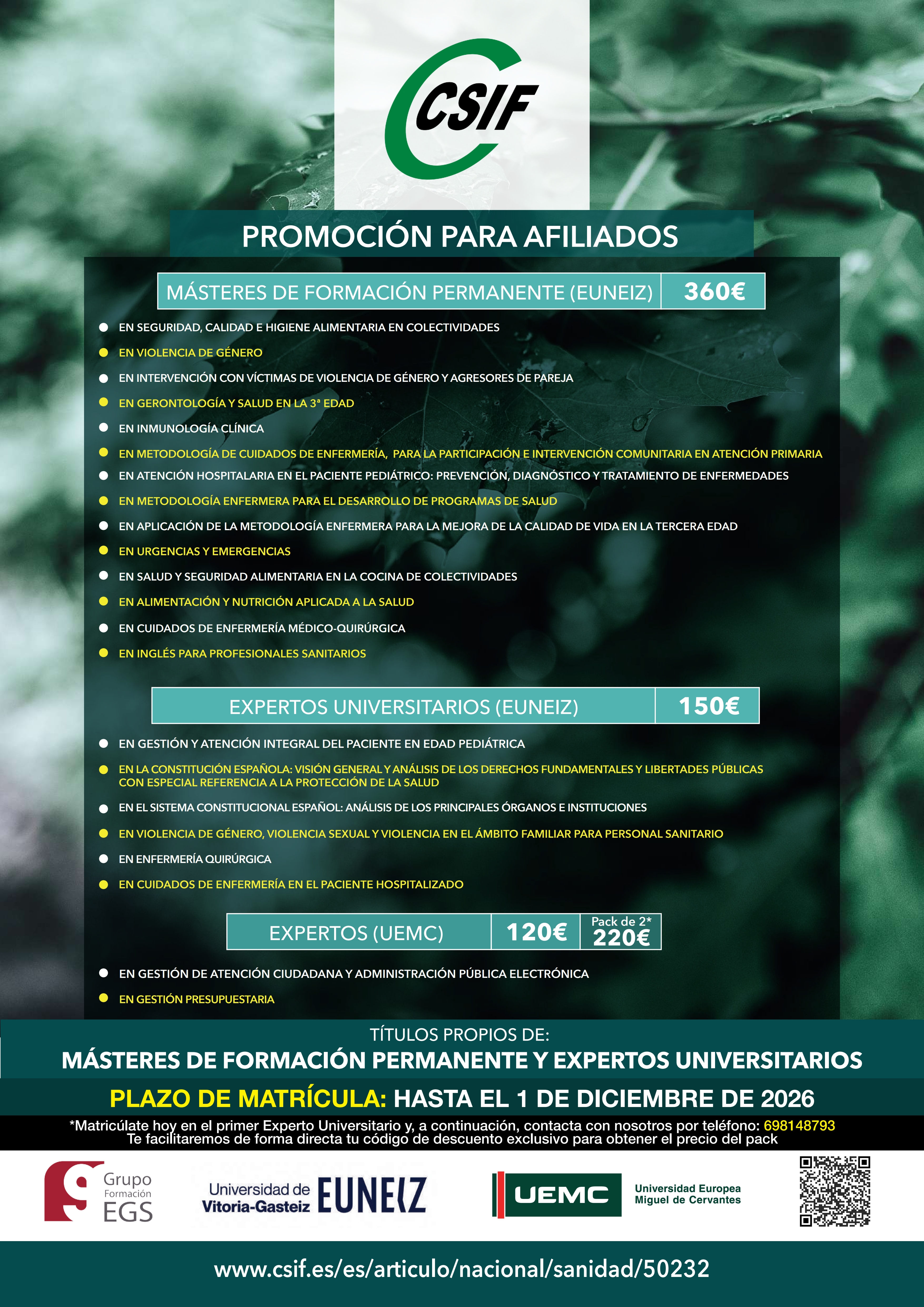 Oferta de Másteres y Expertos de EUNEIZ y UEMC